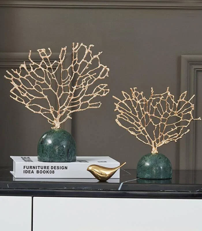 Decorative Coral Sculpture with Green Marble Base Gold 23cm -  - #tag1#
