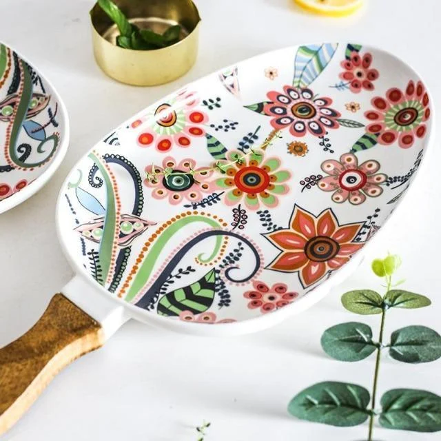 Deidra - Wooden Handle Ceramic Dinner Plate -  - #tag1#