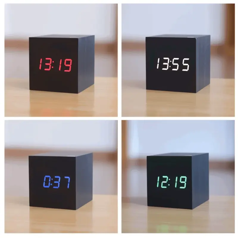 Digital LED Alarm Clock Cube Clock Wooden Clock tag1