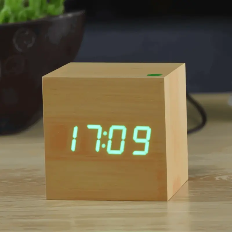 Digital LED Alarm Clock Cube Clock Wooden Clock tag1