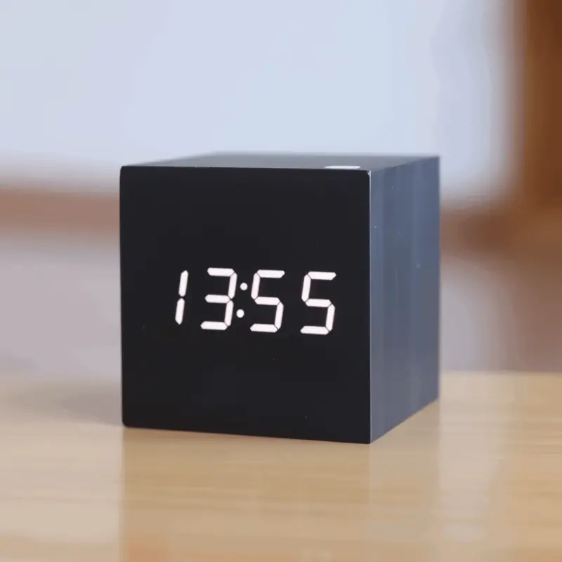 Digital LED Alarm Clock Cube Clock Wooden Clock tag1