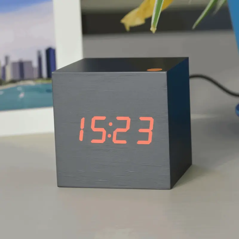 Digital LED Alarm Clock Cube Clock Wooden Clock tag1