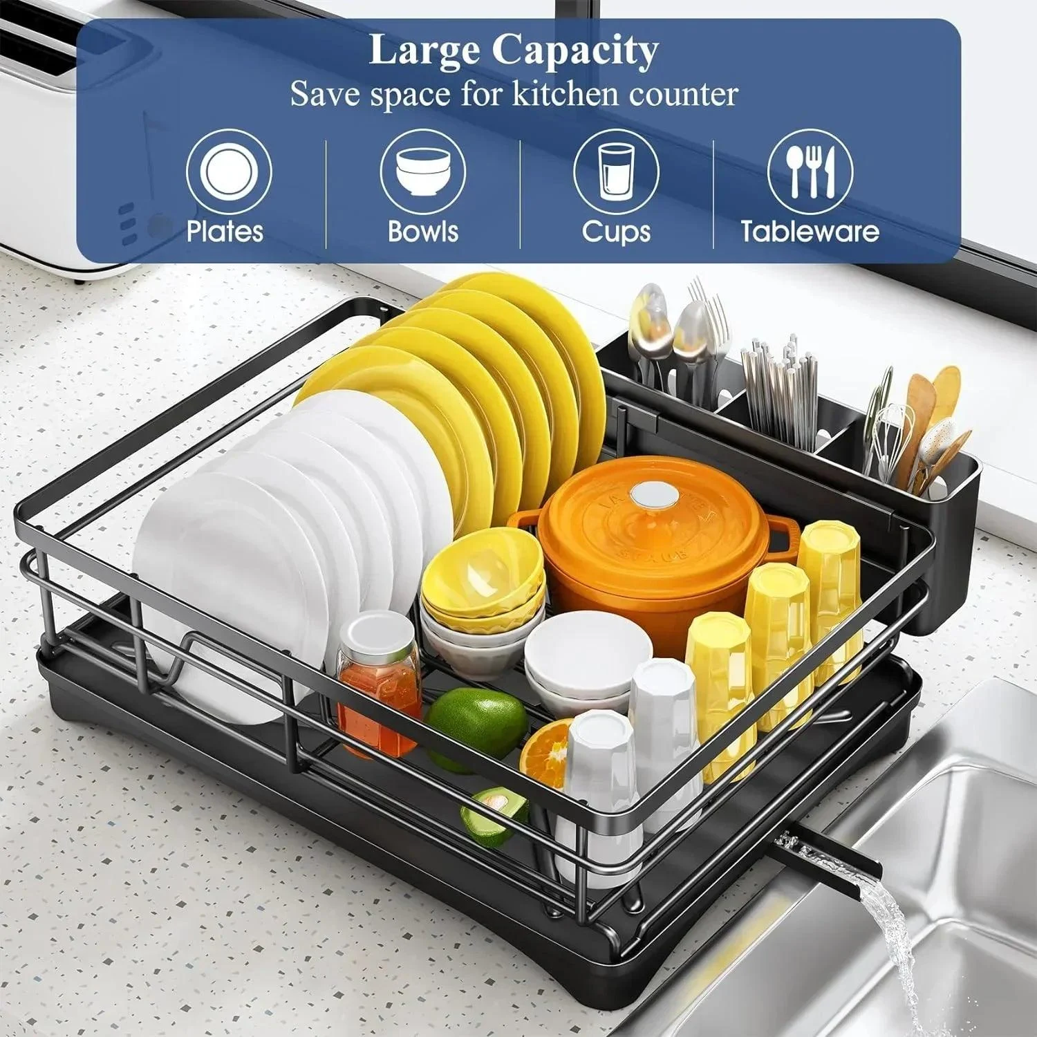 Dish Drying Rack for Kitchen Counter Large Dish Rack with Drainboard Rustproof Dish Drainer with Utensil Holder for Sink -  - #tag1#