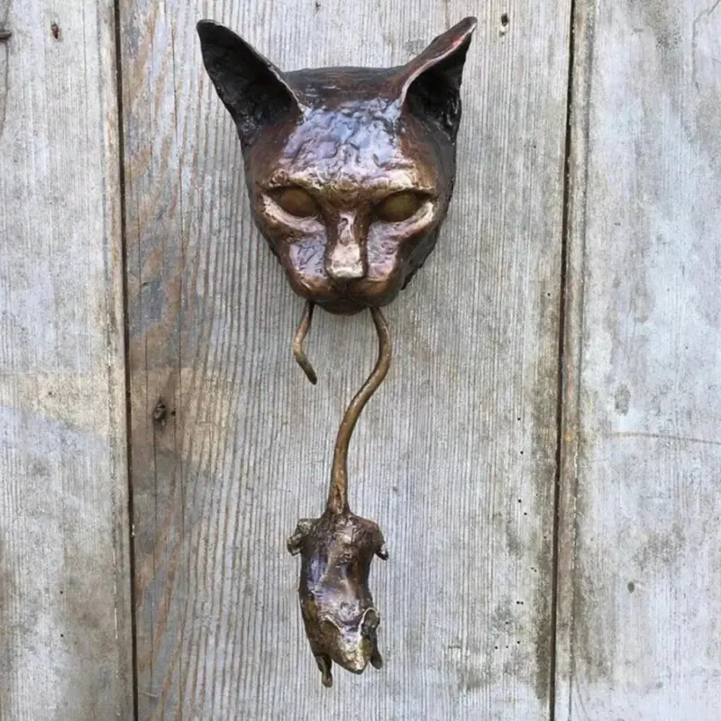 Door Knocker Cat Head and Mouse Resin Sculpture Pest Repellent tag1