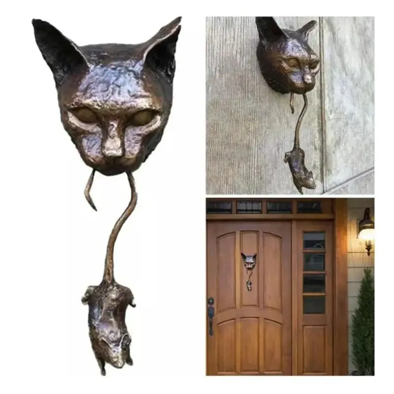 Door Knocker Cat Head and Mouse Resin Sculpture Pest Repellent tag1