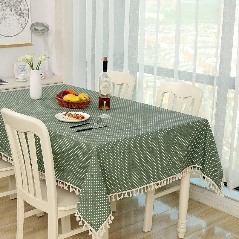 Dot Plaid Linen Tablecloth with Tassels -