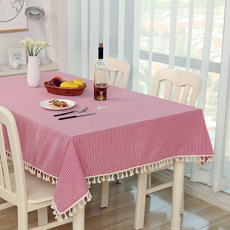 Dot Plaid Linen Tablecloth with Tassels -