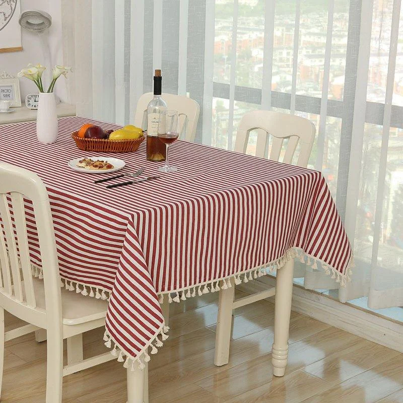 Dot Plaid Linen Tablecloth with Tassels -