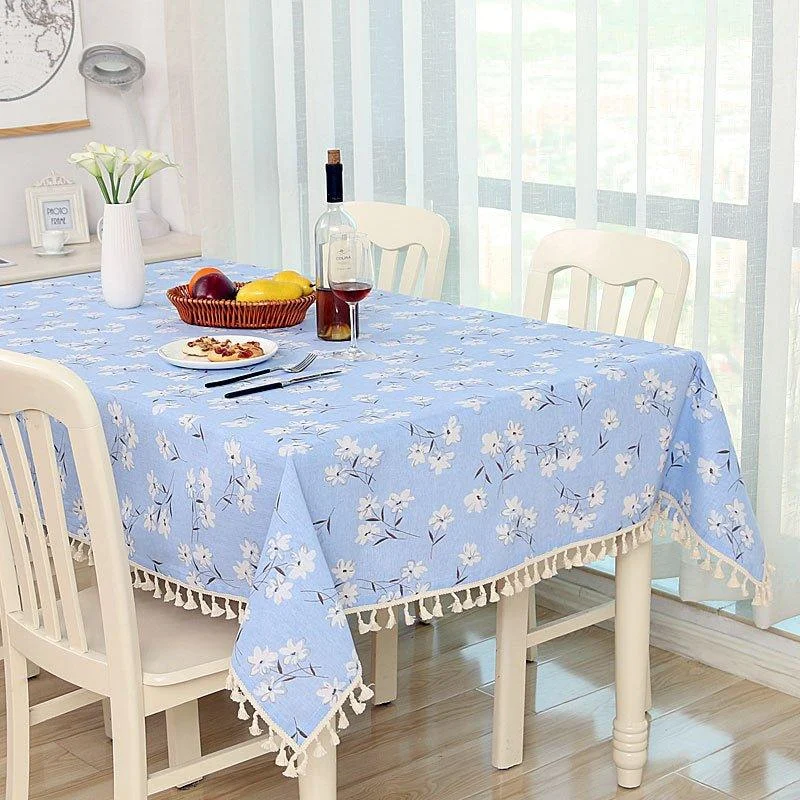 Dot Plaid Linen Tablecloth with Tassels -