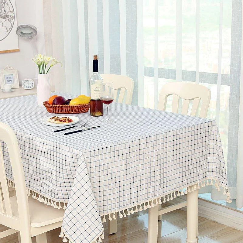 Dot Plaid Linen Tablecloth with Tassels -