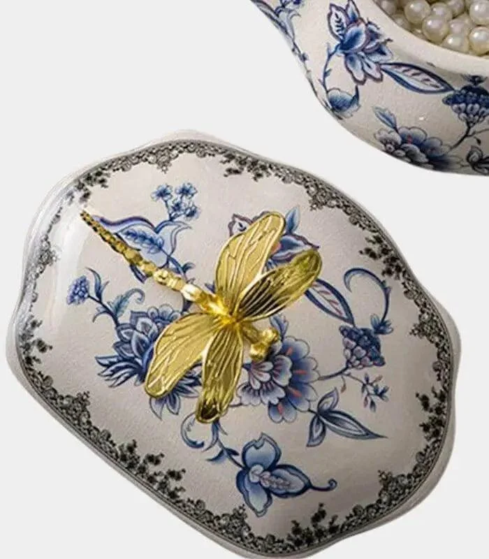 Dragonfly Blue & White Porcelain Trinket Box with Crackle Glaze - 22.5 x 18.5 cm -  - #tag1#