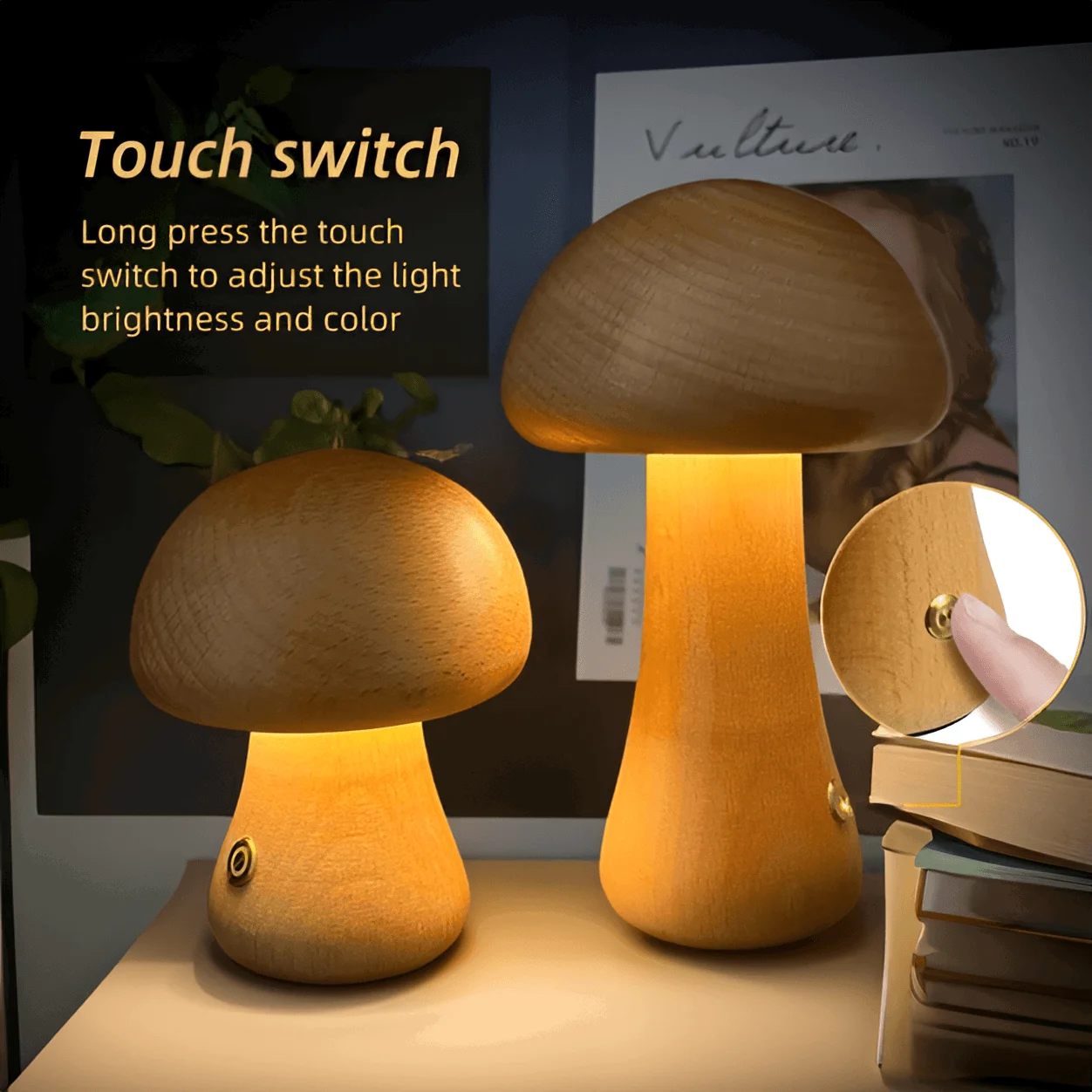 DreamyGlow - Touch Switch Wooden Mushroom LED Night Light -  - #tag1#