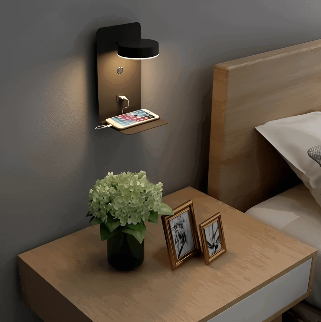 DualDelight - Aluminium LED bedside wall lamp with shelf and USB charging interface -  - #tag1#