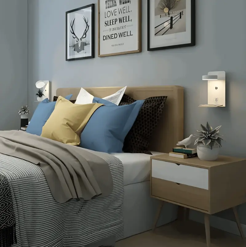 DualDelight Aluminium LED bedside wall lamp with shelf and USB charging interface tag1