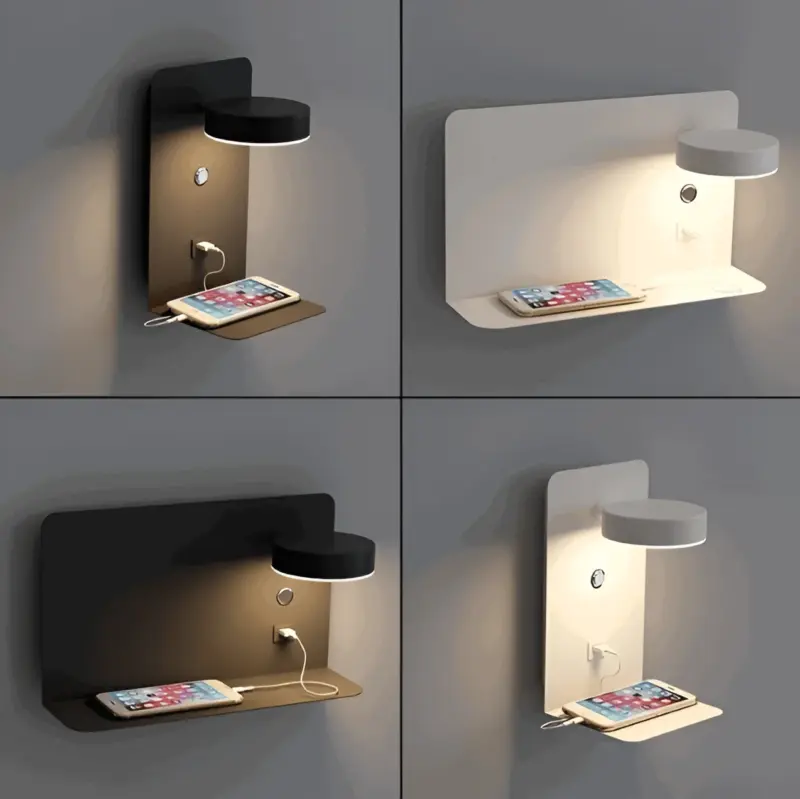 DualDelight Aluminium LED bedside wall lamp with shelf and USB charging interface tag1