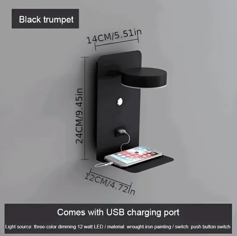 DualDelight Aluminium LED bedside wall lamp with shelf and USB charging interface tag1