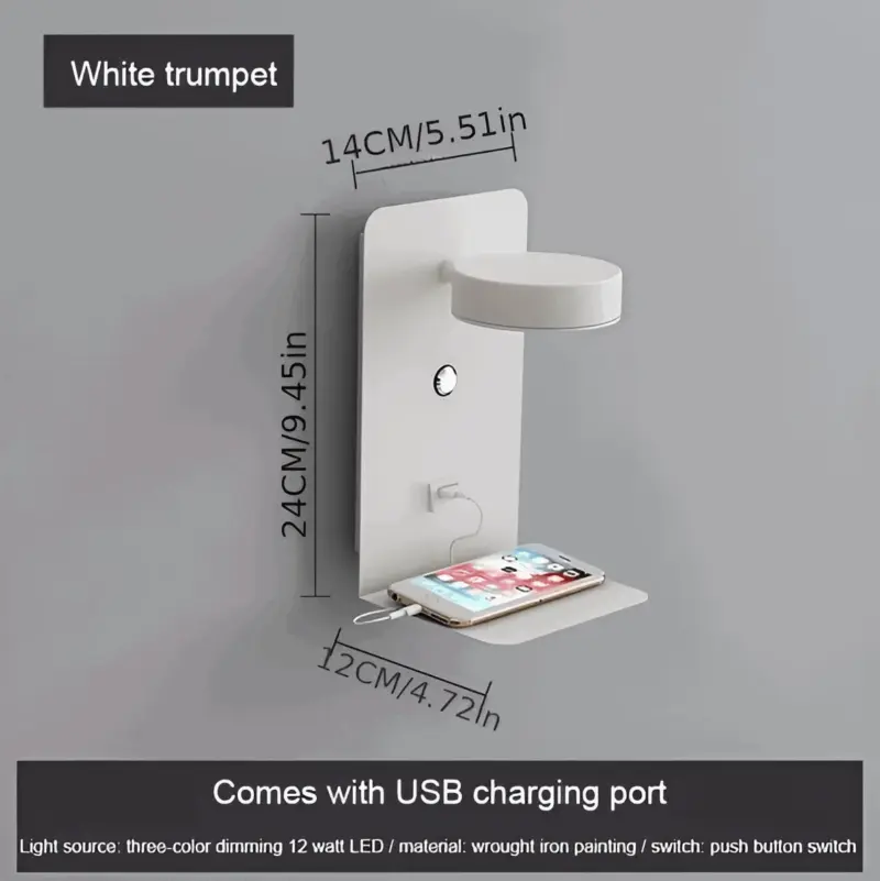 DualDelight Aluminium LED bedside wall lamp with shelf and USB charging interface tag1