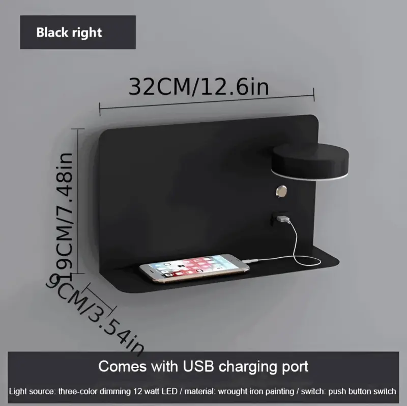 DualDelight Aluminium LED bedside wall lamp with shelf and USB charging interface tag1