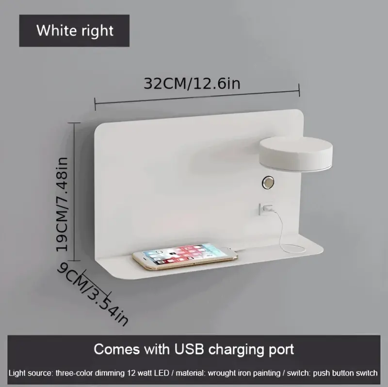 DualDelight Aluminium LED bedside wall lamp with shelf and USB charging interface tag1
