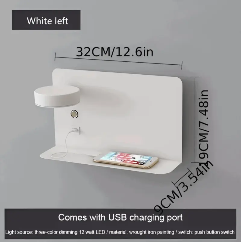 DualDelight Aluminium LED bedside wall lamp with shelf and USB charging interface tag1