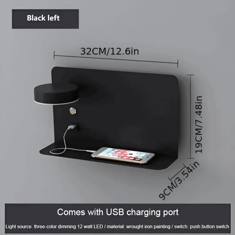 DualDelight Aluminium LED bedside wall lamp with shelf and USB charging interface tag1