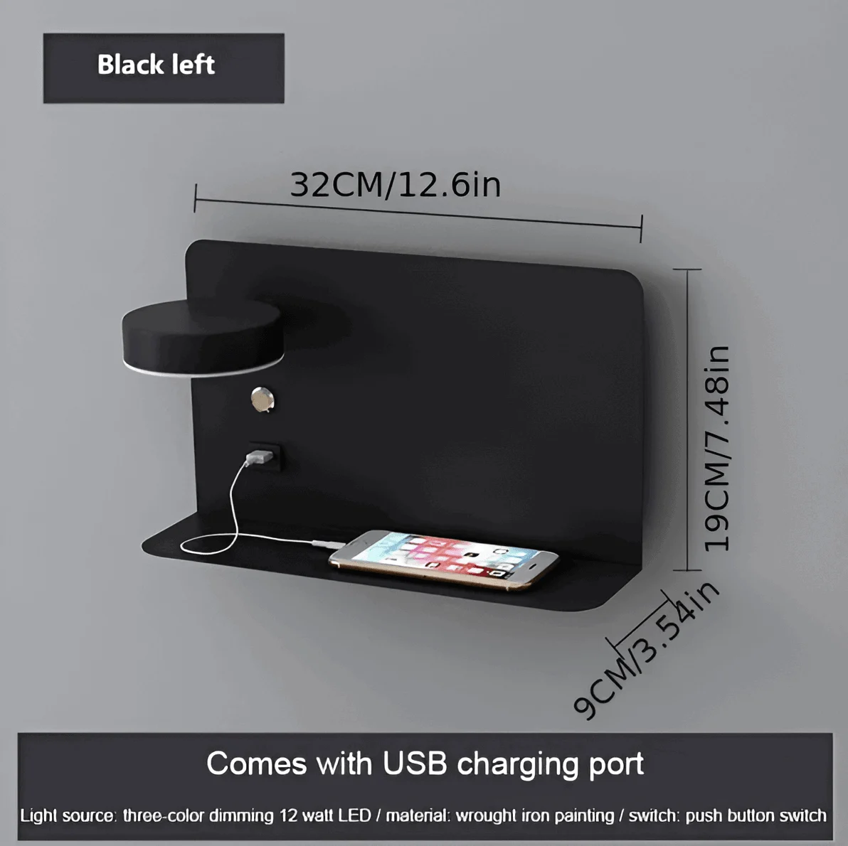 DualDelight - Aluminium LED bedside wall lamp with shelf and USB charging interface -  - #tag1#