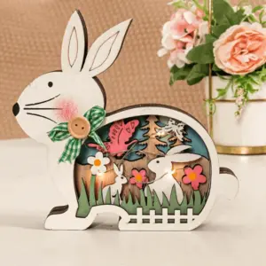 Easter Wooden Ornaments with LED Light Bunny Rabbit Tabletop Easter Decorations