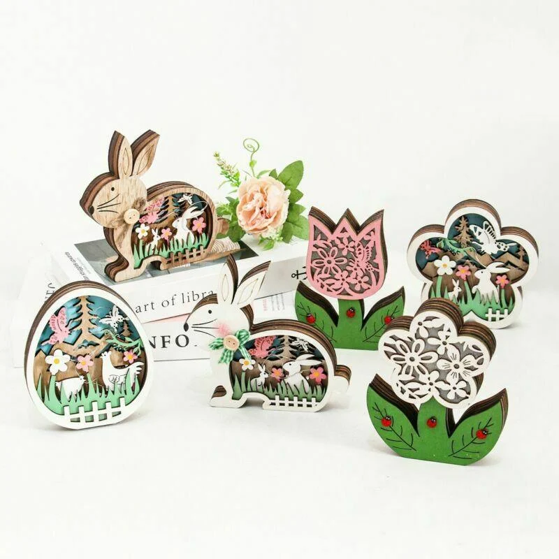 Easter Wooden Ornaments with LED Light Bunny Rabbit Tabletop Easter Decorations - - #tag1#