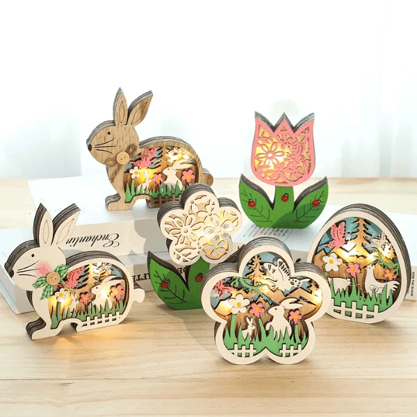 Easter Wooden Ornaments with LED Light Bunny Rabbit Tabletop Easter Decorations -  - #tag1#