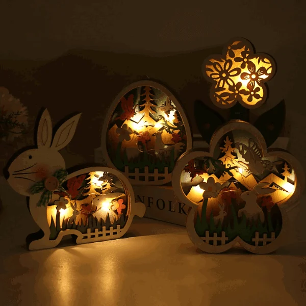 Easter Wooden Ornaments with LED Light Bunny Rabbit Tabletop Easter Decorations -  - #tag1#