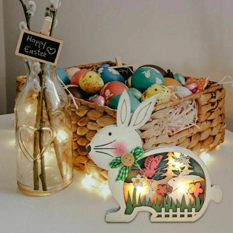 Easter Wooden Ornaments with LED Light Bunny Rabbit Tabletop Easter Decorations -  - #tag1#