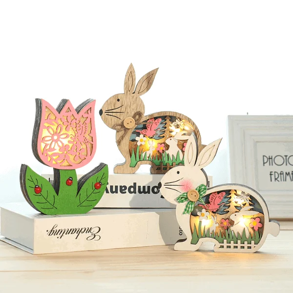 Easter Wooden Ornaments with LED Light Bunny Rabbit Tabletop Easter Decorations -  - #tag1#