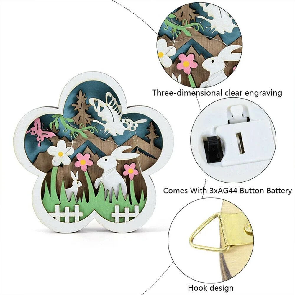 Easter Wooden Ornaments with LED Light Bunny Rabbit Tabletop Easter Decorations -  - #tag1#