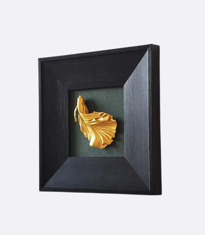 Elegant Betta Fish Wall Art - Hand-Painted Gold Sculpture in Black Wooden Frame (23x23cm) -  - #tag1#