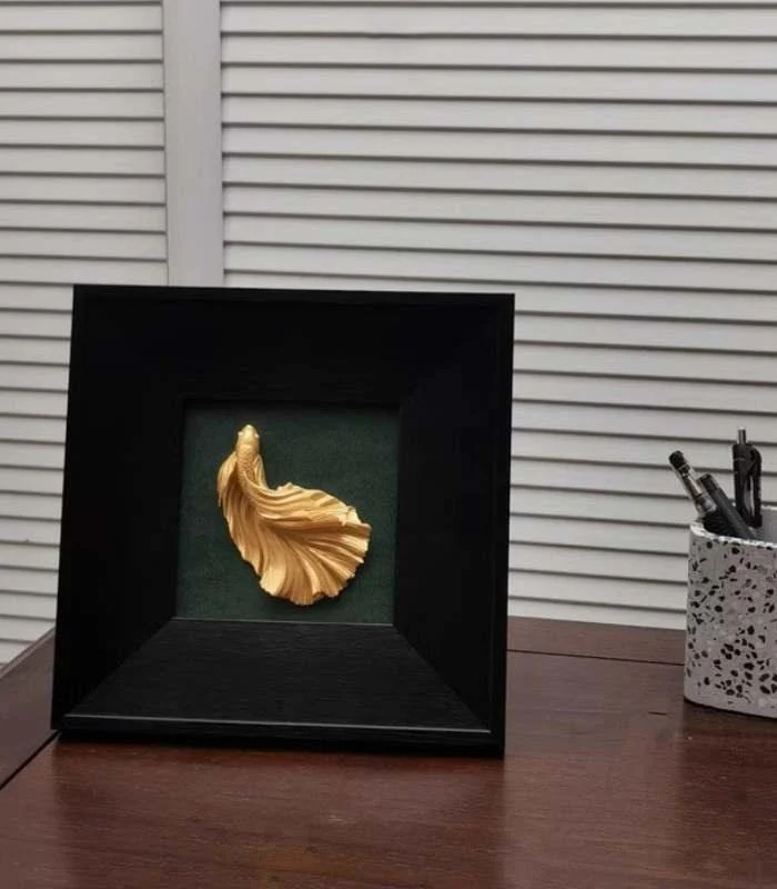 Elegant Betta Fish Wall Art - Hand-Painted Gold Sculpture in Black Wooden Frame (23x23cm) -  - #tag1#