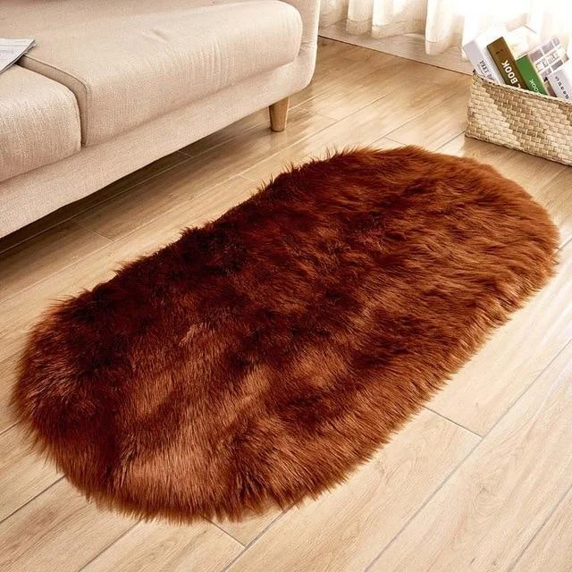 Ellipse Soft Faux Sheepskin Fur Chair Cushion Area Rugs for Bedroom Floor Shaggy Silky Plush Carpet White Bedside Mat -  - #tag1#