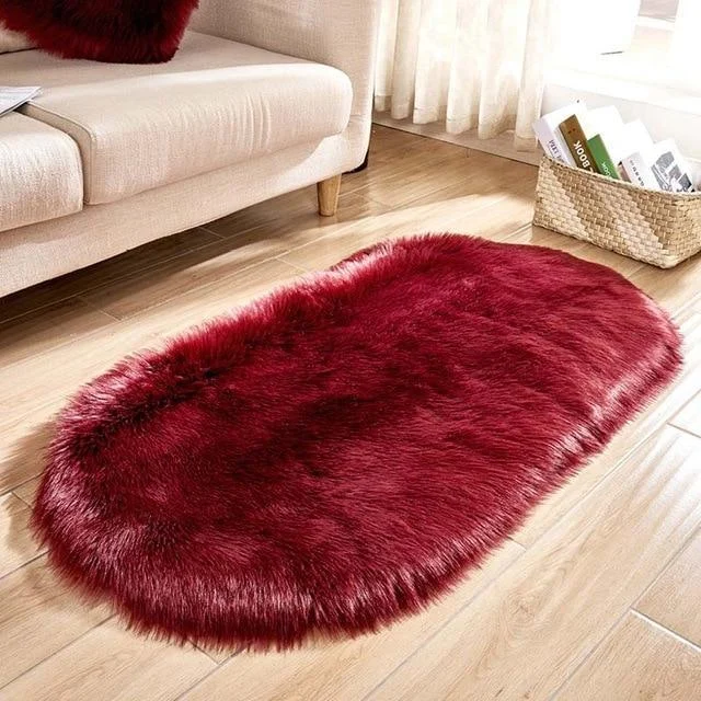 Ellipse Soft Faux Sheepskin Fur Chair Cushion Area Rugs for Bedroom Floor Shaggy Silky Plush Carpet White Bedside Mat -  - #tag1#