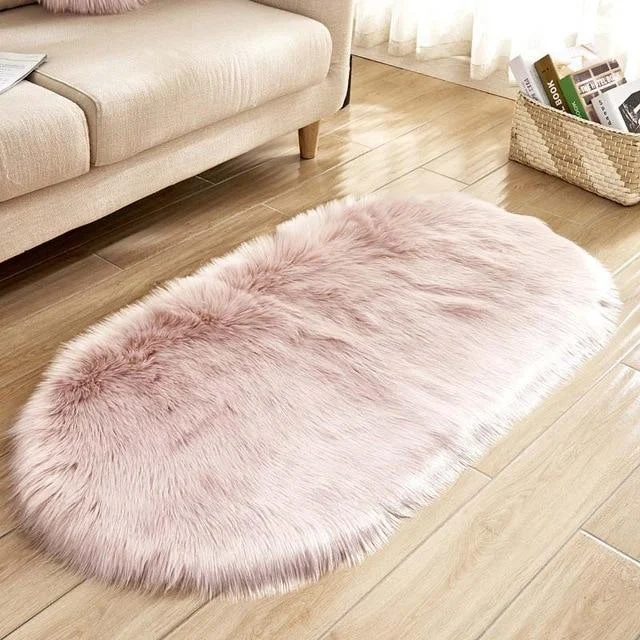 Ellipse Soft Faux Sheepskin Fur Chair Cushion Area Rugs for Bedroom Floor Shaggy Silky Plush Carpet White Bedside Mat -  - #tag1#