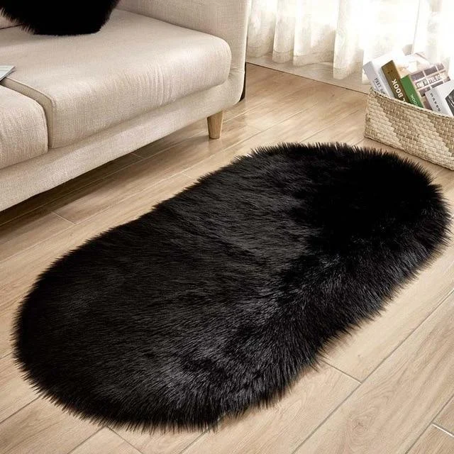 Ellipse Soft Faux Sheepskin Fur Chair Cushion Area Rugs for Bedroom Floor Shaggy Silky Plush Carpet White Bedside Mat -  - #tag1#
