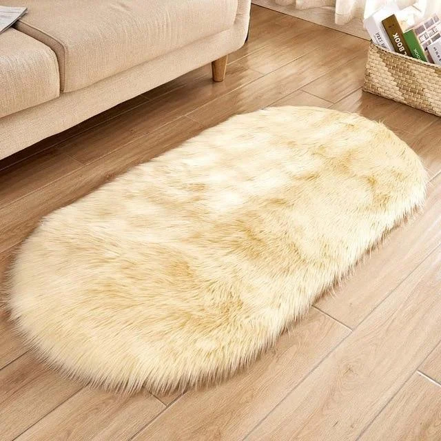 Ellipse Soft Faux Sheepskin Fur Chair Cushion Area Rugs for Bedroom Floor Shaggy Silky Plush Carpet White Bedside Mat -  - #tag1#