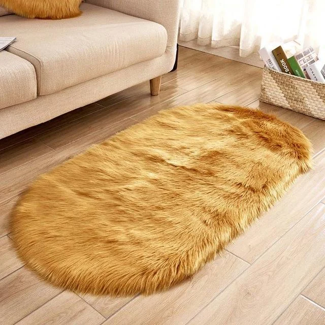 Ellipse Soft Faux Sheepskin Fur Chair Cushion Area Rugs for Bedroom Floor Shaggy Silky Plush Carpet White Bedside Mat -  - #tag1#