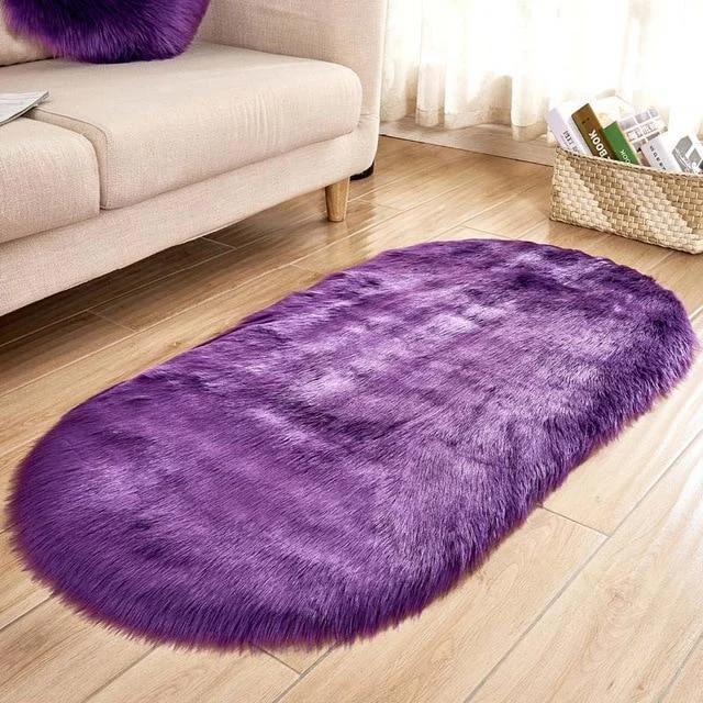 Ellipse Soft Faux Sheepskin Fur Chair Cushion Area Rugs for Bedroom Floor Shaggy Silky Plush Carpet White Bedside Mat -  - #tag1#