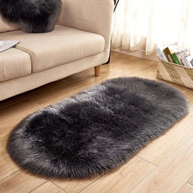 Ellipse Soft Faux Sheepskin Fur Chair Cushion Area Rugs for Bedroom Floor Shaggy Silky Plush Carpet White Bedside Mat -  - #tag1#