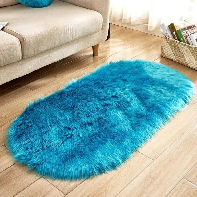 Ellipse Soft Faux Sheepskin Fur Chair Cushion Area Rugs for Bedroom Floor Shaggy Silky Plush Carpet White Bedside Mat -  - #tag1#