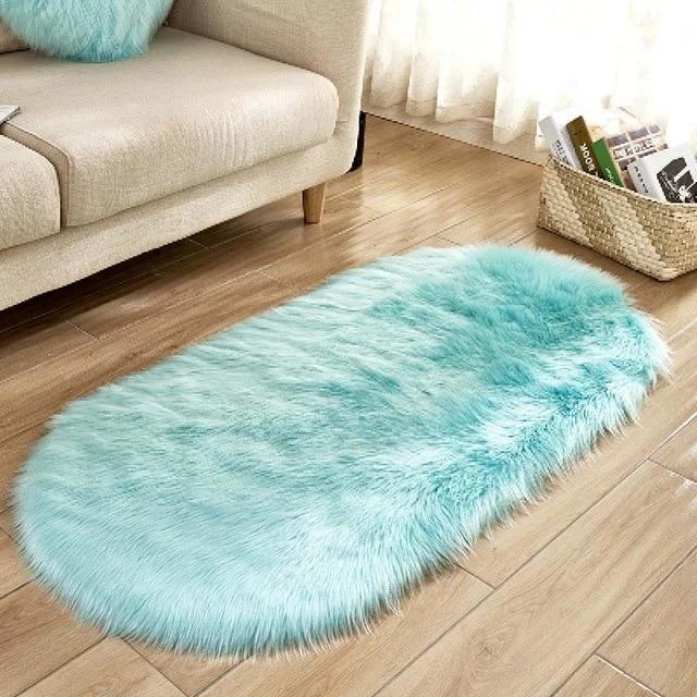 Ellipse Soft Faux Sheepskin Fur Chair Cushion Area Rugs for Bedroom Floor Shaggy Silky Plush Carpet White Bedside Mat -  - #tag1#