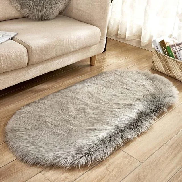 Ellipse Soft Faux Sheepskin Fur Chair Cushion Area Rugs for Bedroom Floor Shaggy Silky Plush Carpet White Bedside Mat -  - #tag1#
