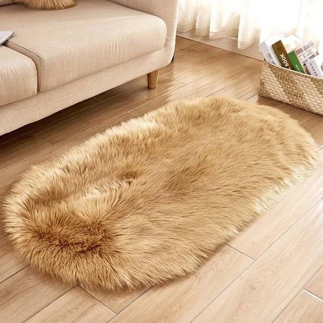 Ellipse Soft Faux Sheepskin Fur Chair Cushion Area Rugs for Bedroom Floor Shaggy Silky Plush Carpet White Bedside Mat -  - #tag1#