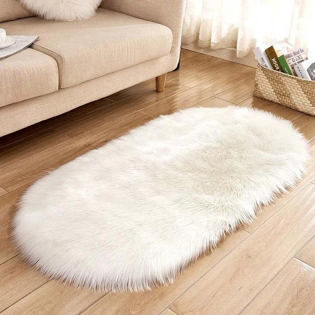 Ellipse Soft Faux Sheepskin Fur Chair Cushion Area Rugs for Bedroom Floor Shaggy Silky Plush Carpet White Bedside Mat -  - #tag1#