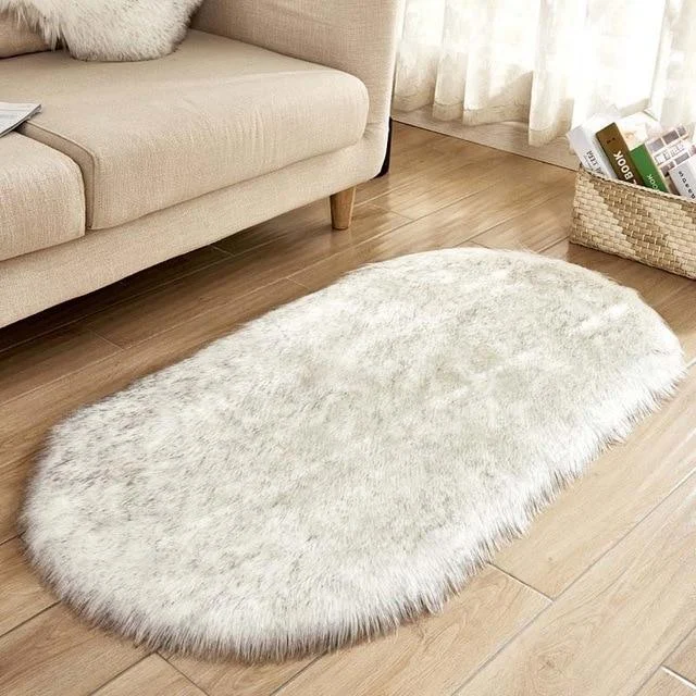 Ellipse Soft Faux Sheepskin Fur Chair Cushion Area Rugs for Bedroom Floor Shaggy Silky Plush Carpet White Bedside Mat -  - #tag1#