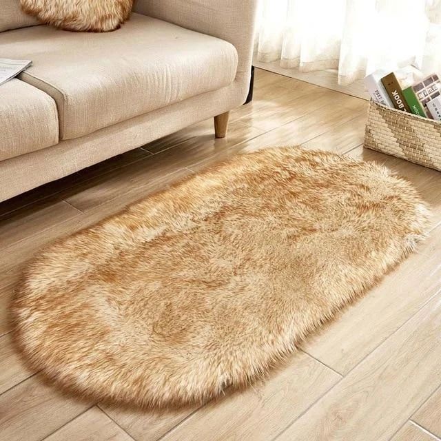 Ellipse Soft Faux Sheepskin Fur Chair Cushion Area Rugs for Bedroom Floor Shaggy Silky Plush Carpet White Bedside Mat -  - #tag1#